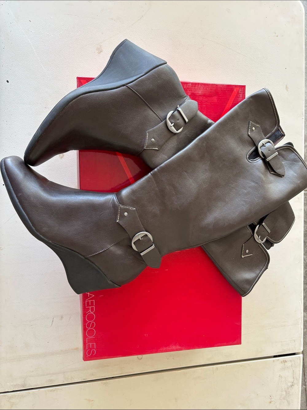 AEROSOLES Dark Brown Wedge Knee-High Buckle Boots